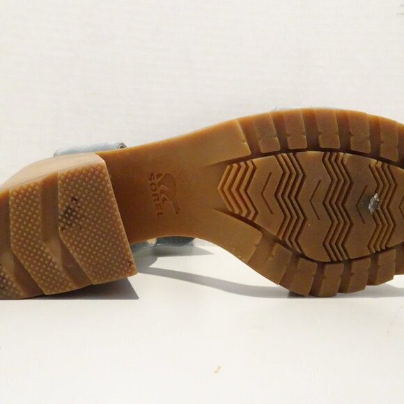 SOREL Nadia Gray Blue Brown Block Heel Sandals Heels Ankle Strap Leather Sz 8.5 - Picture 7 of 8